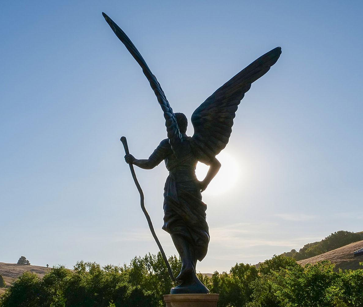 Silhouette of a bronze winged angel statue at Skywalker Vineyards, backlit by the sun against rolling Marin County hills and a blue sky.